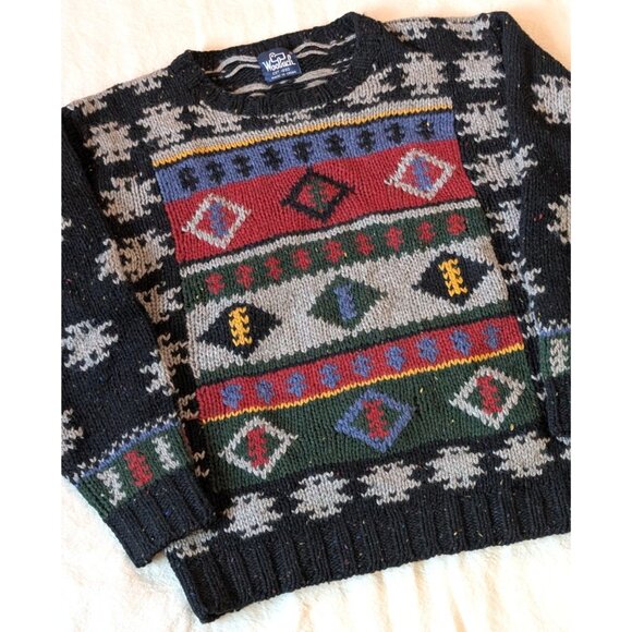 Woolrich VTG Southwetern Thick Knit Sweater Wool 80s 90s Black Tribal Boxy MED - Picture 1 of 6